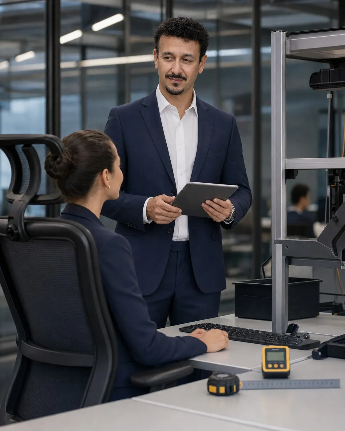 Profissional de ergonomia observa uma colaboradora em atividade no posto de trabalho, com tablet e instrumentos de medição, durante uma avaliação ergonômica