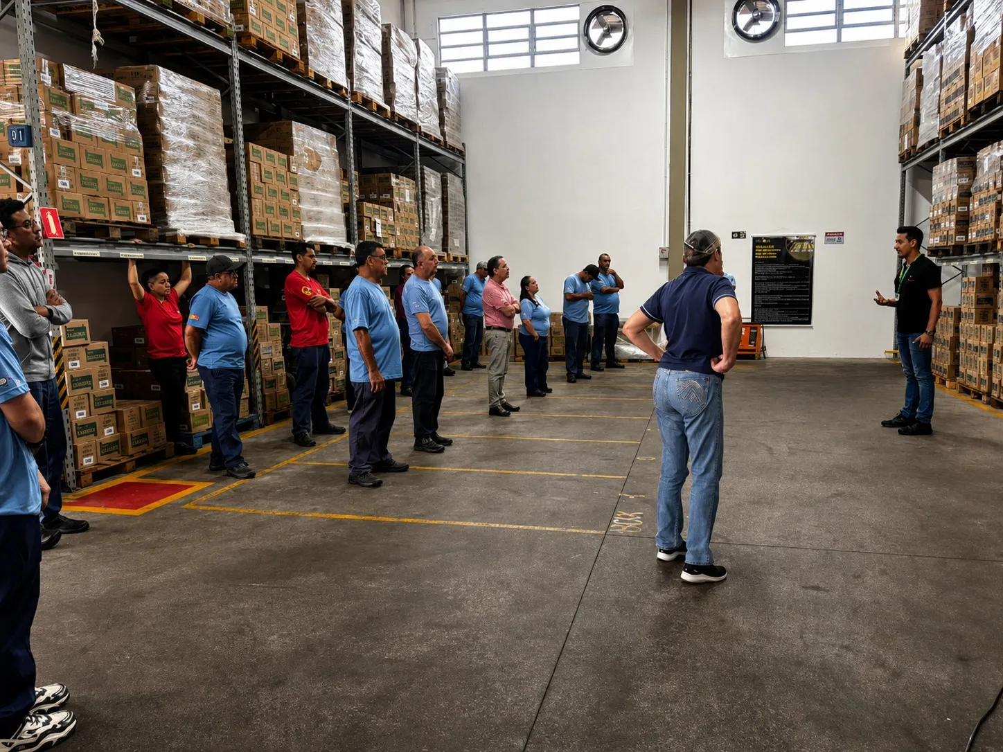 Colaboradores de um centro de distribuição participam de ginástica laboral orientada entre as estruturas de armazenagem