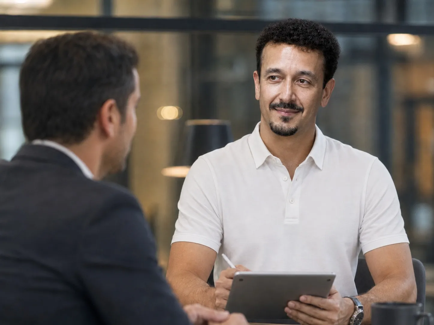Conversa individual entre profissional e colaborador em ambiente reservado, durante avaliação de riscos psicossociais relacionados ao trabalho
