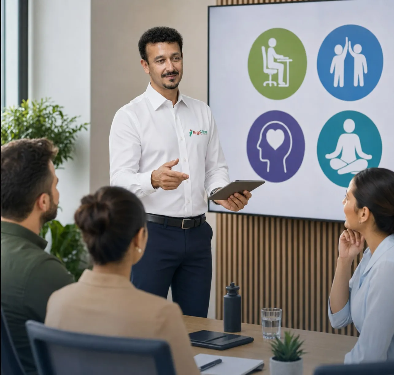 Instrutor da Ergovita conduz treinamento de ergonomia para uma equipe reunida em sala de reunião corporativa